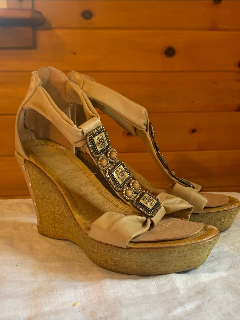 Beige Embellished T-Strap Wedge Sandals - Women